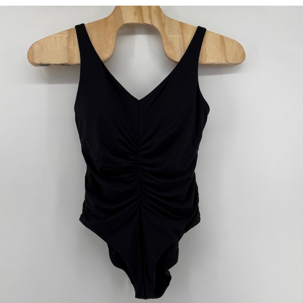 Calia by Carrie Underwood Black Ruched V Neck One Piece Swimsuit Size 16